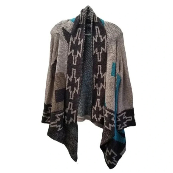 Line The Label Aztec  Woven Knit Cotton Drape Open Front Cardigan L - Picture 1 of 10